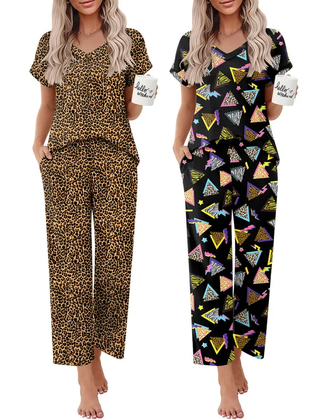 ekouaer-pajama-sets-2-pack-v-neck-schlafanzug-leopard-s image 1