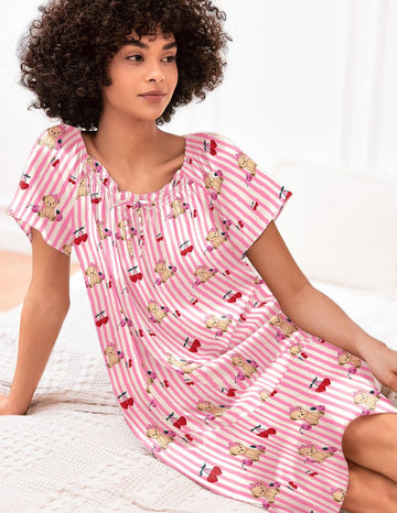 ekouaer-nightgowns-satin-nachthemd-kurzarm-blumen-knielang image 7