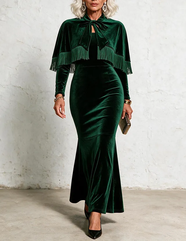 ekouaer-velvet-fringe-nachthemd-dunkelgr-n-cape-mermaid image 1