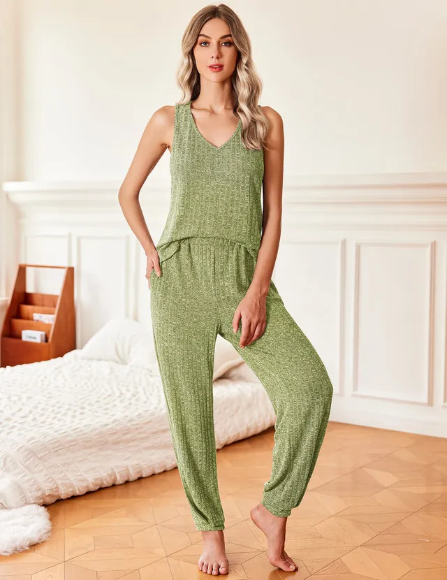 ekouaer-ribbed-knit-pyjama-damen-top-rmellos-mit-hose image 1
