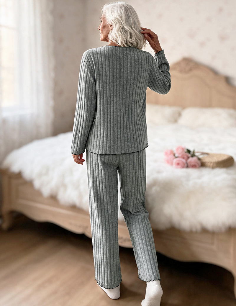 ekouaer-pyjama-set-damen-langarm-gerippt-hellgr-n-v-ausschnitt image 3