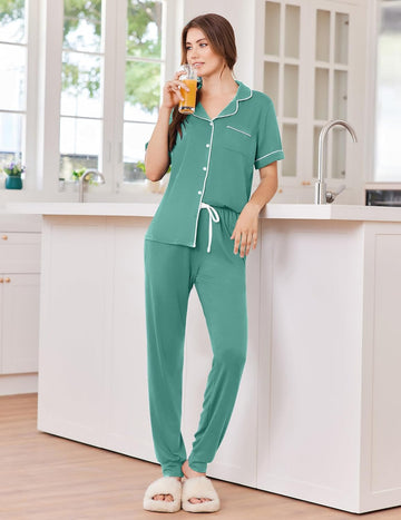 ekouaer-button-down-schlafanzug-kurzarm-mit-jogger-hose image 7