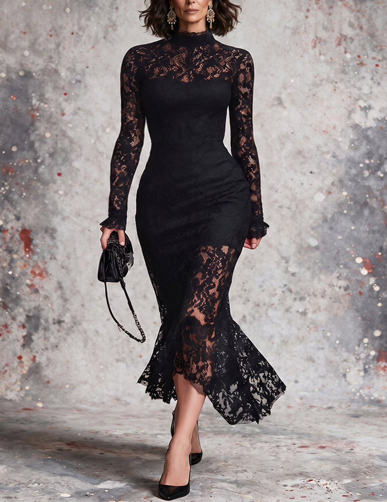 ekouaer-nightgowns-lace-maxi-abendkleid-spitze-schwarz-langarm image 1