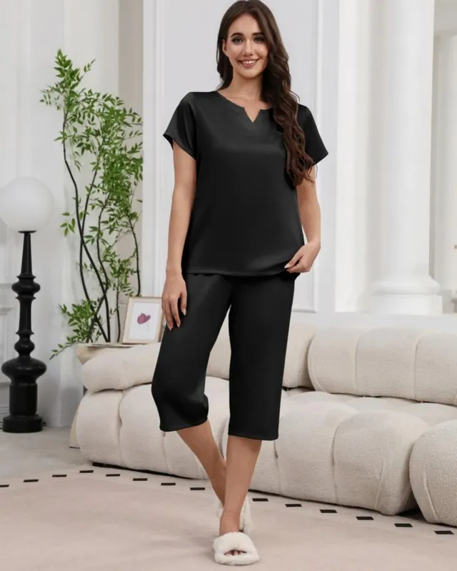 ekouaer-pajama-sets-satin-kurzarm-pyjama-navy-m image 1