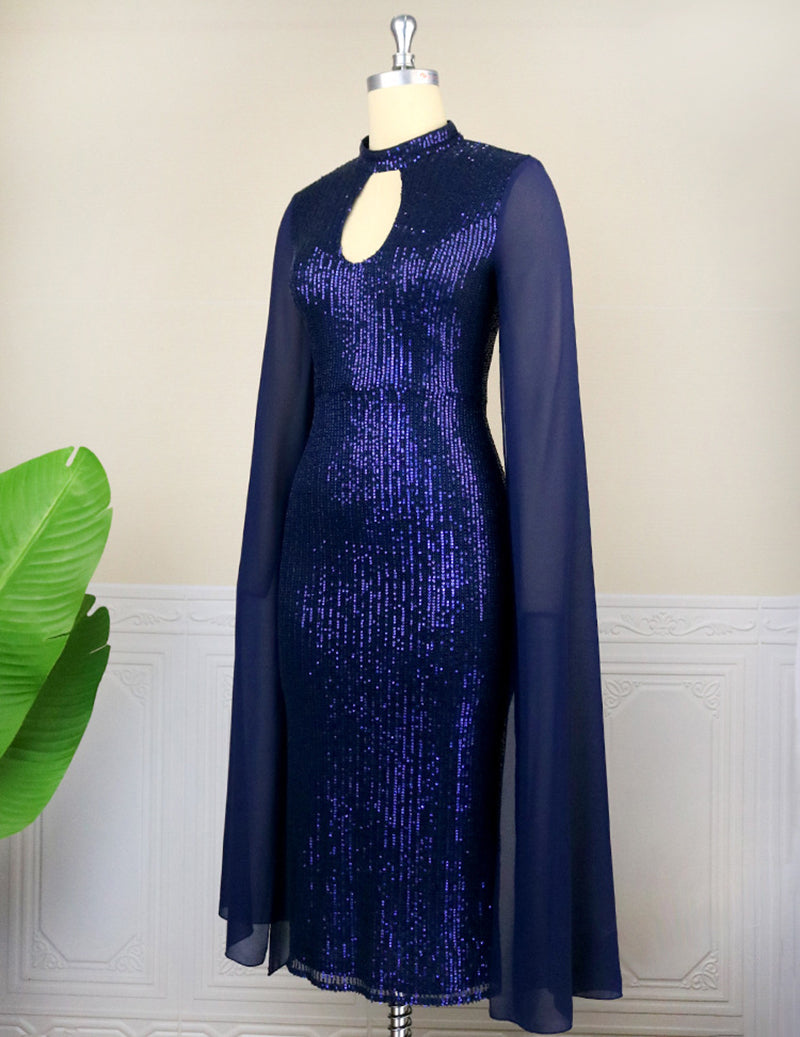 ekouaer-paillettenkleid-midi-navy-cape-keyhole-stehkragen image 5