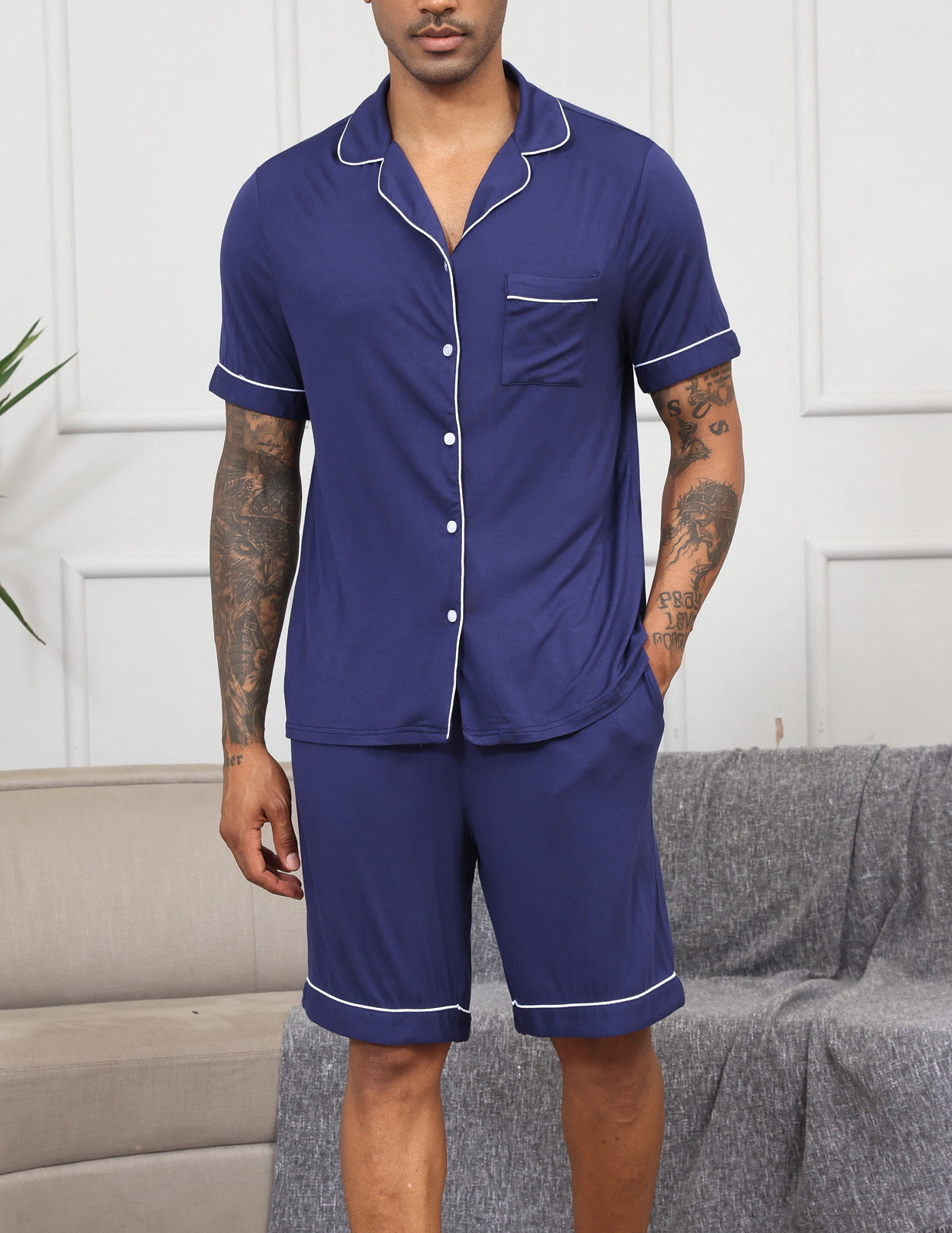 ekouaer-men-notch-pyjama-schwarz-kurzarm-viskose image 6