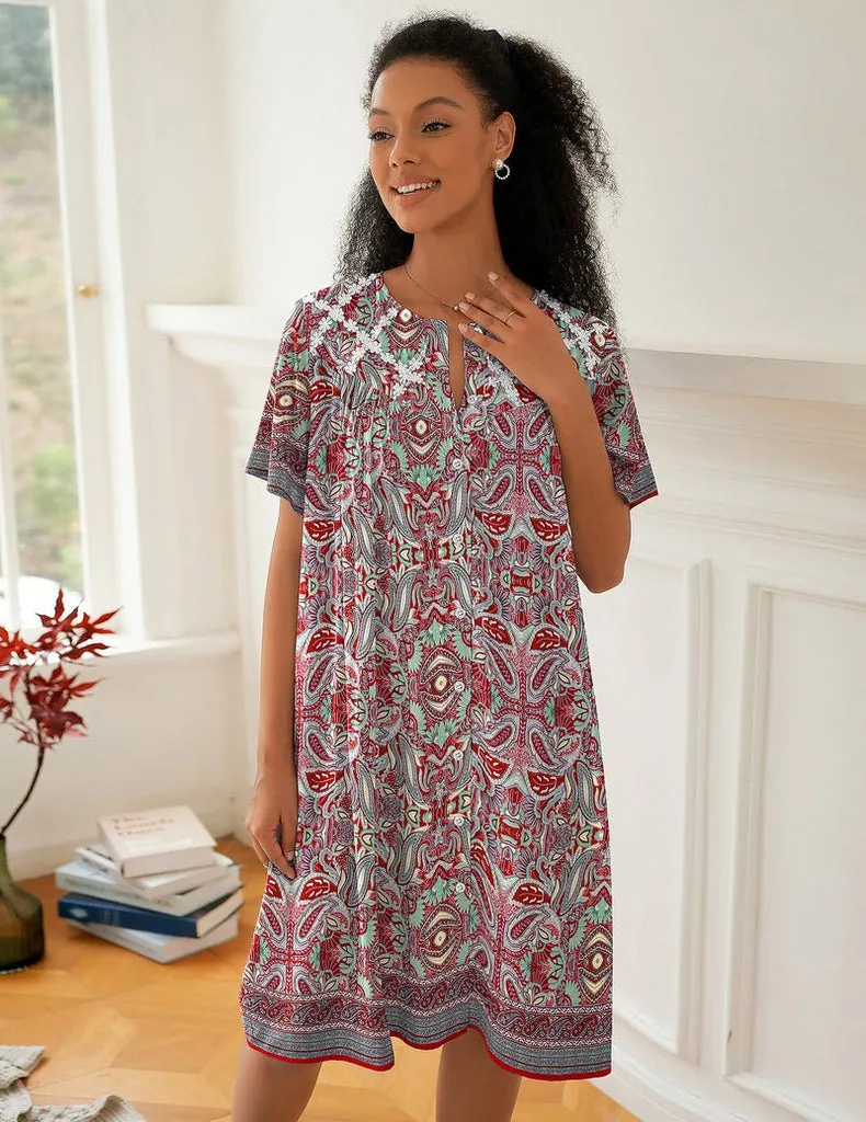 ekouaer-robe-nachthemd-durchgekn-pft-kurzarm-wadenlang-blumen image 1