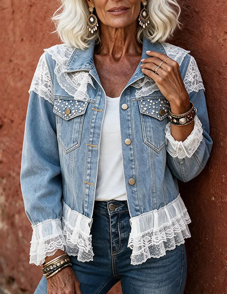 ekouaer-denim-jacke-spitze-perlen-hellblau-damen image 1
