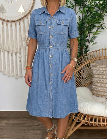 ekouaer-denim-hemdkleid-midi-jeanskleid-blau-kurzarm image 5