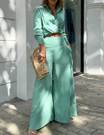ekouaer-leinen-zweiteiler-crop-shirt-weite-cargo-hose image 3