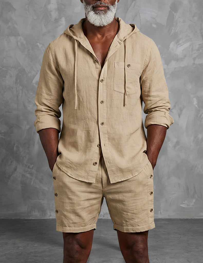 ekouaer-men-herren-leinen-set-hemd-shorts-kapuze image 1