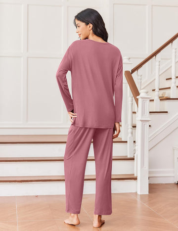 ekouaer-lounge-set-pyjama-langarm-hose-mit-taschen image 3