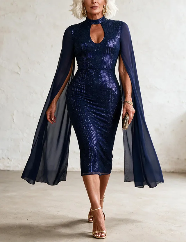 ekouaer-paillettenkleid-midi-navy-cape-keyhole-stehkragen image 1