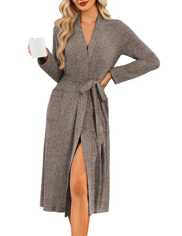 ekouaer-robes-bademantel-langarm-wickel-weinrot-mit-taschen image 1