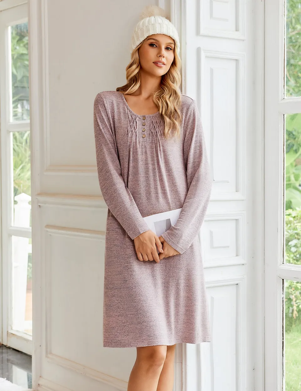 ekouaer-nightgowns-henley-nachthemd-damen-schwarz-l-knielang image 1