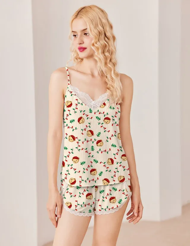 ekouaer-teddy-cami-shorts-pyjama-set-sexy-spitze image 1