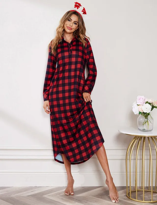 ekouaer-pajama-langarm-karo-nachthemd-mit-taschen image 1