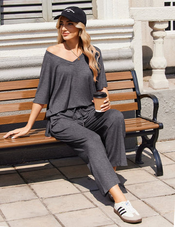 ekouaer-pajama-sets-kurzarm-schlafanzug-v-ausschnitt-hose image 5