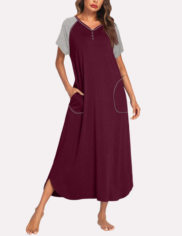 ekouaer-patchwork-full-length-nachthemd-kurzarm-taschen image 3