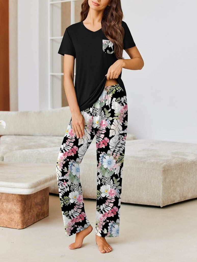 ekouaer-pyjama-damen-kurzarm-v-ausschnitt-lange-hose-set image 1
