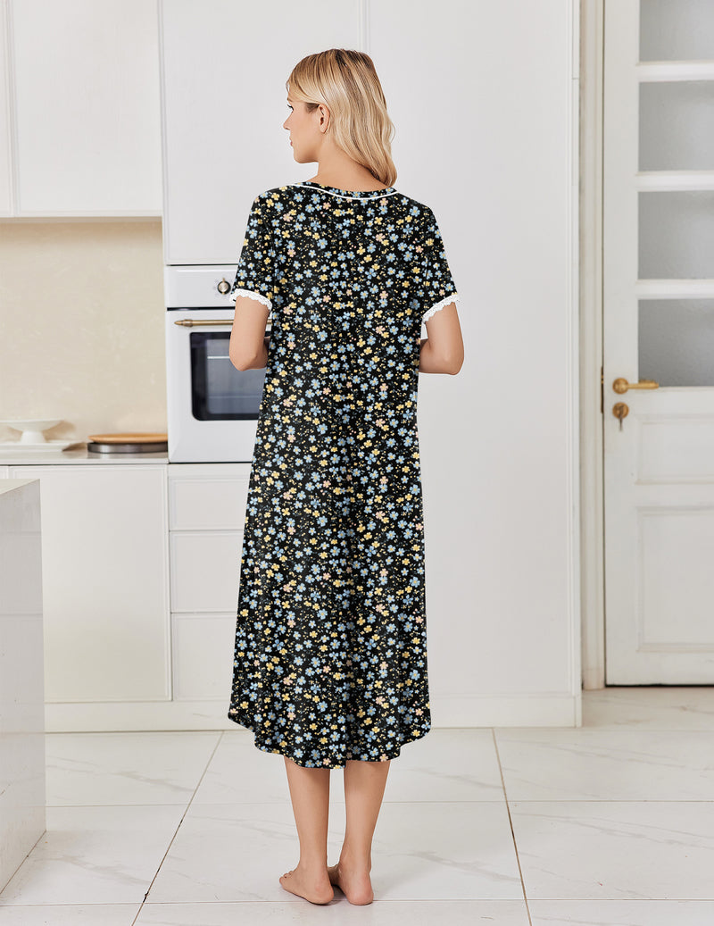 ekouaer-nightgowns-nachthemd-damen-navy-kurzarm-floral image 2