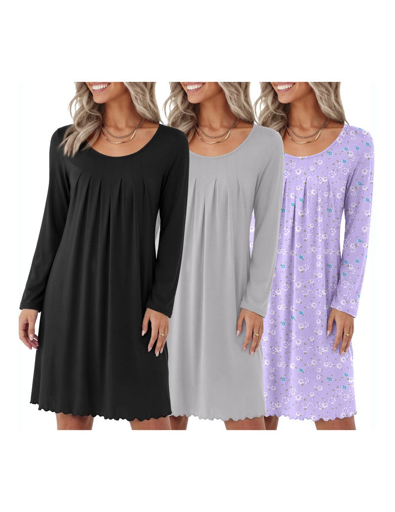 ekouaer-nightgowns-nachthemd-3er-pack-blumen-langarm-taschen image 5