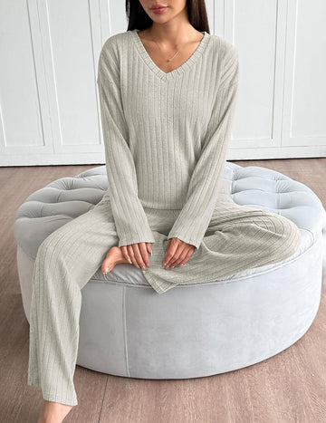 ekouaer-pajama-sets-lounge-set-langarm-gerippt-taschen image 3