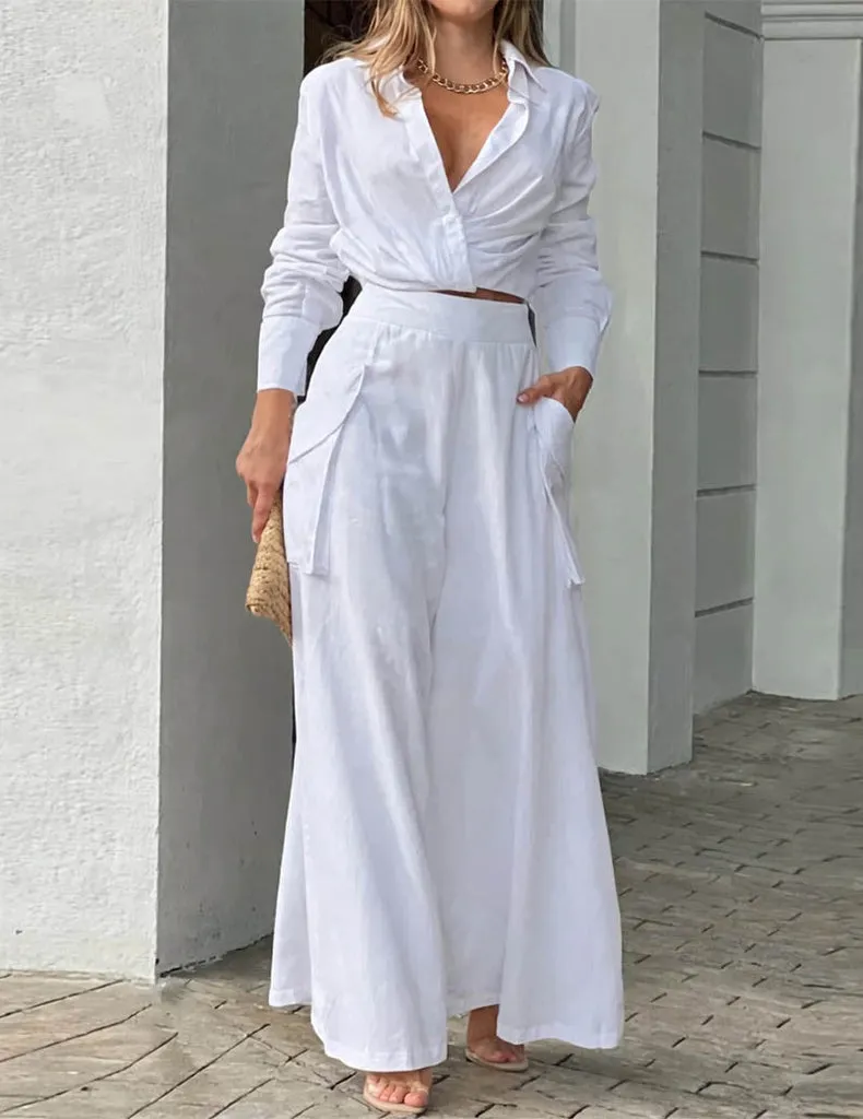 ekouaer-leinen-zweiteiler-crop-shirt-weite-cargo-hose image 1