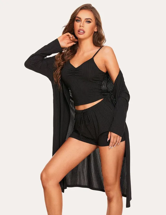 ekouaer-pajama-3-piece-pyjama-set-shorts-cardigan image 1
