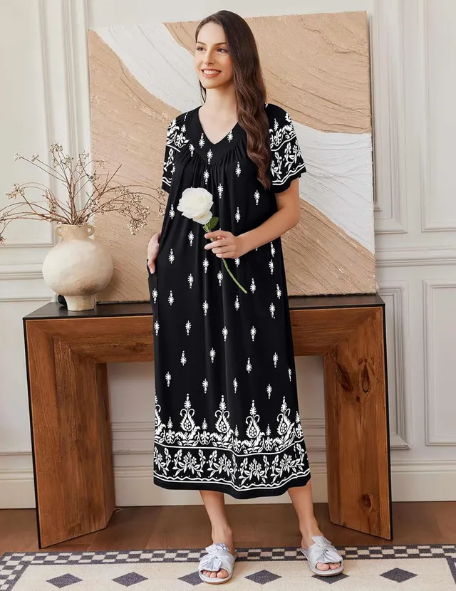 ekouaer-nightgowns-langes-nachthemd-kurzarm-mit-taschen image 1