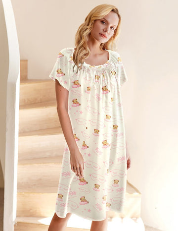 ekouaer-nightgowns-satin-nachthemd-kurzarm-blumen-knielang image 5