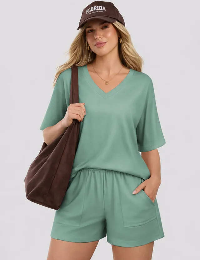 ekouaer-pajama-sets-v-neck-kurzarm-schlafanzug-shorts-taschen image 1