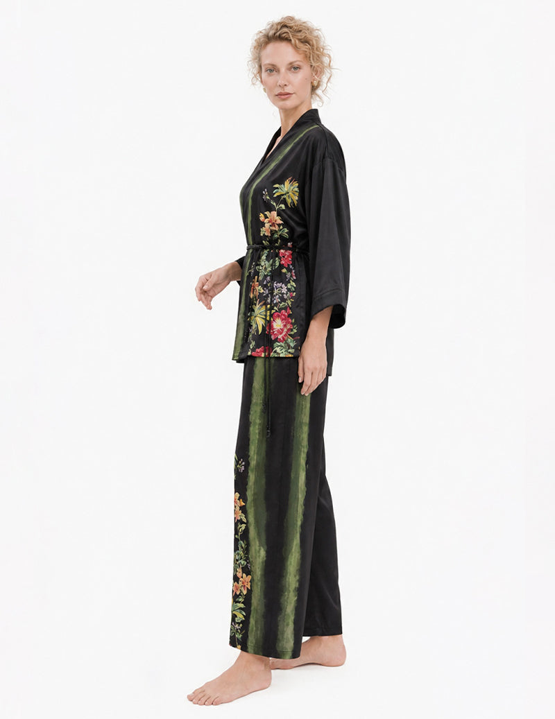 ekouaer-robes-kimono-satin-pyjama-damen-schwarz-m-floral image 4