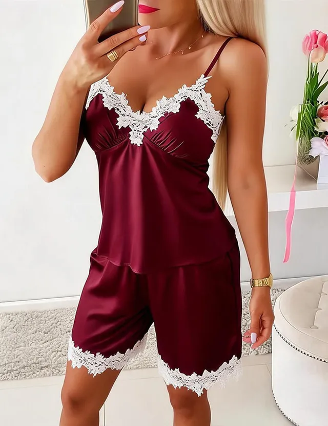 ekouaer-satin-pyjama-set-cami-spitze-shorts-weinrot-elegant image 1