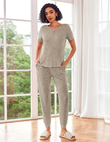 ekouaer-pajama-sets-rib-knit-lounge-set-jogger-2-teilig image 3
