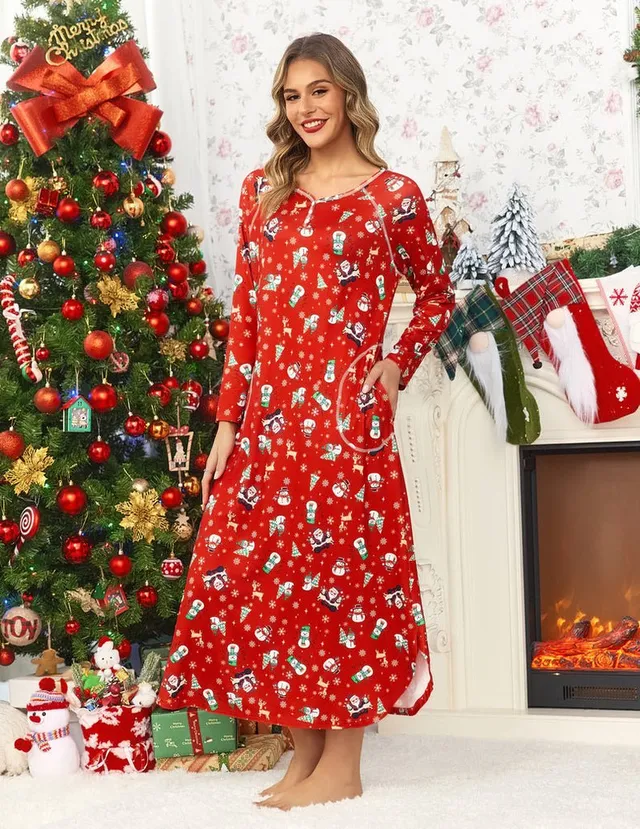 ekouaer-nightgowns-nachthemd-lang-v-ausschnitt-taschen-2 image 1