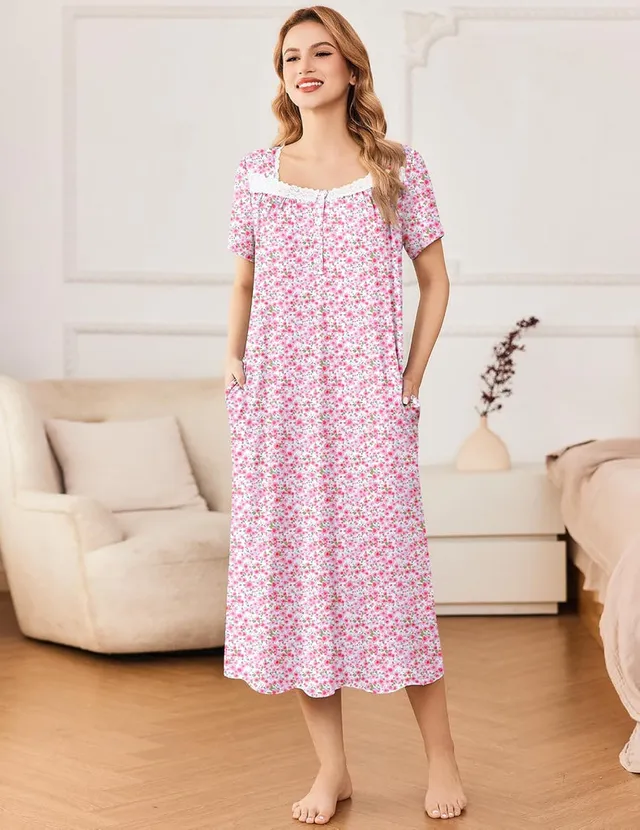 ekouaer-nightgowns-nachthemd-kurzarm-blumen-taschen-knopfleiste image 1