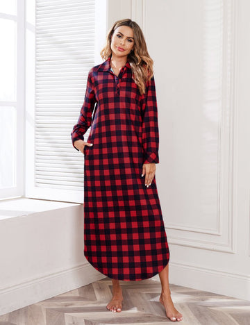 ekouaer-pajama-langarm-karo-nachthemd-mit-taschen image 3