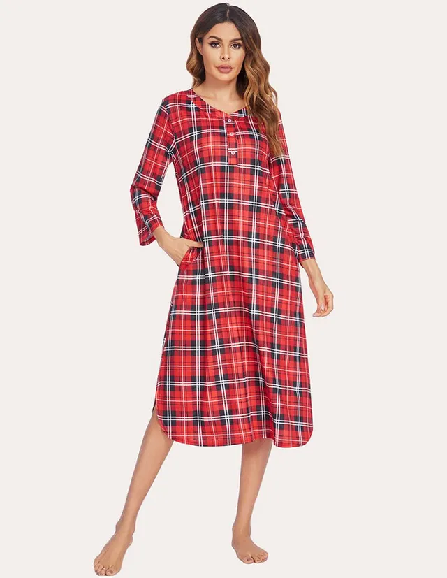 ekouaer-nightgowns-flanell-nachthemd-kariert-warm image 1