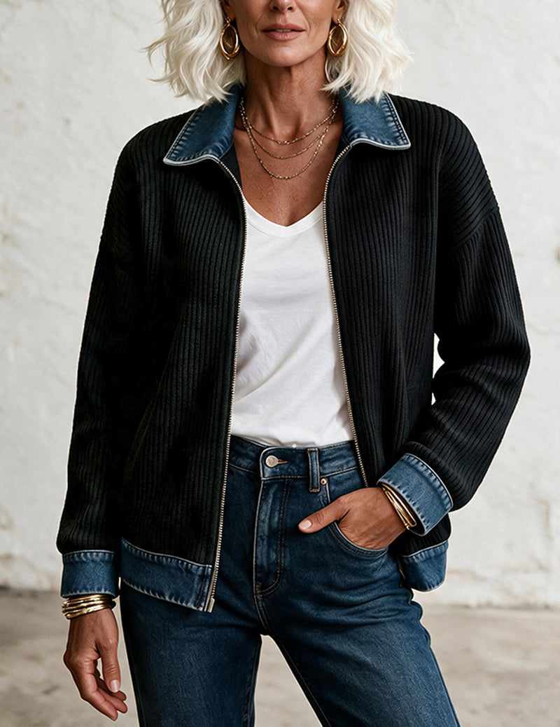 ekouaer-pajama-sets-strickjacke-denim-kontrast-schwarz-zip image 4