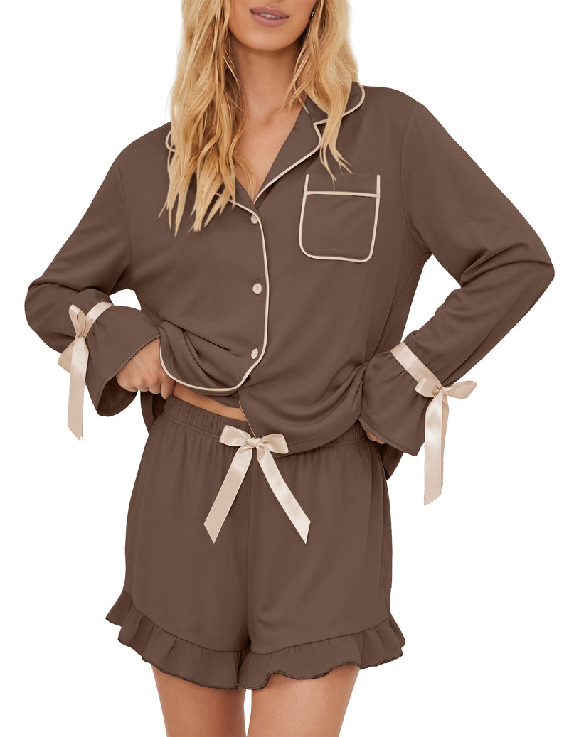 ekouaer-pyjama-set-damen-wei-shorts-langarm-knopfleiste image 6