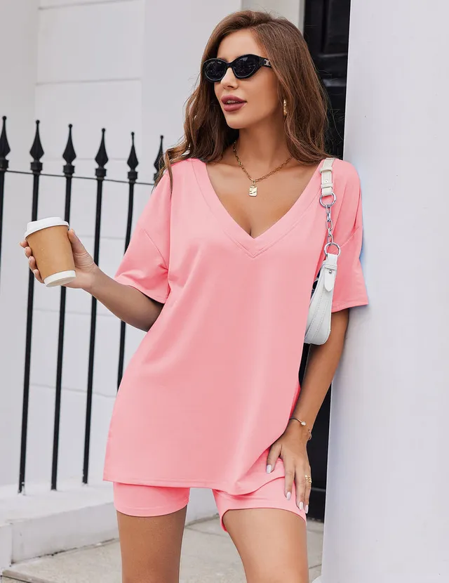 ekouaer-pajama-sets-oversized-lounge-set-shorts-v-neck-2-teilig image 1
