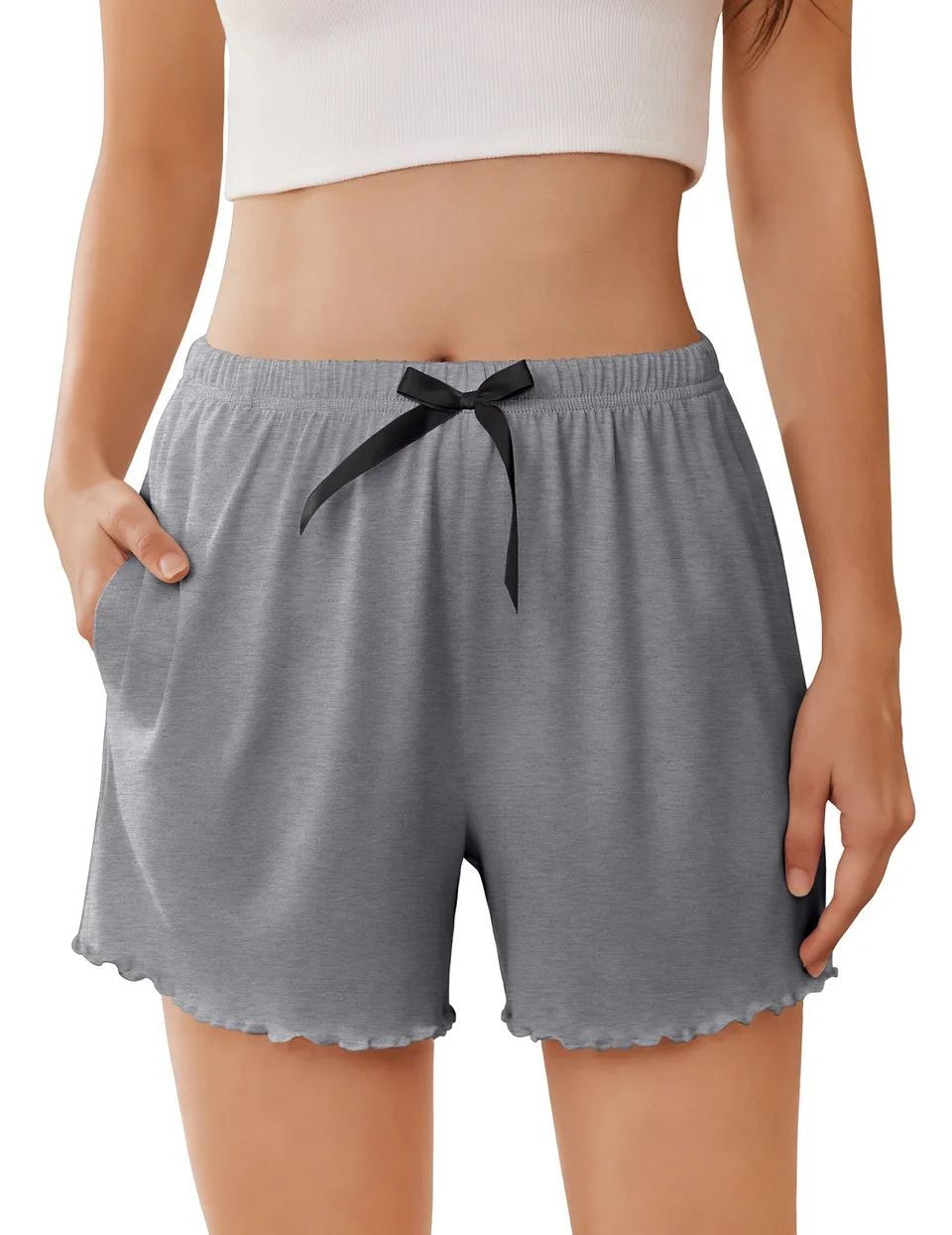 ekouaer-pajama-sets-ruffle-shorts-damen-schwarz-mit-taschen image 1