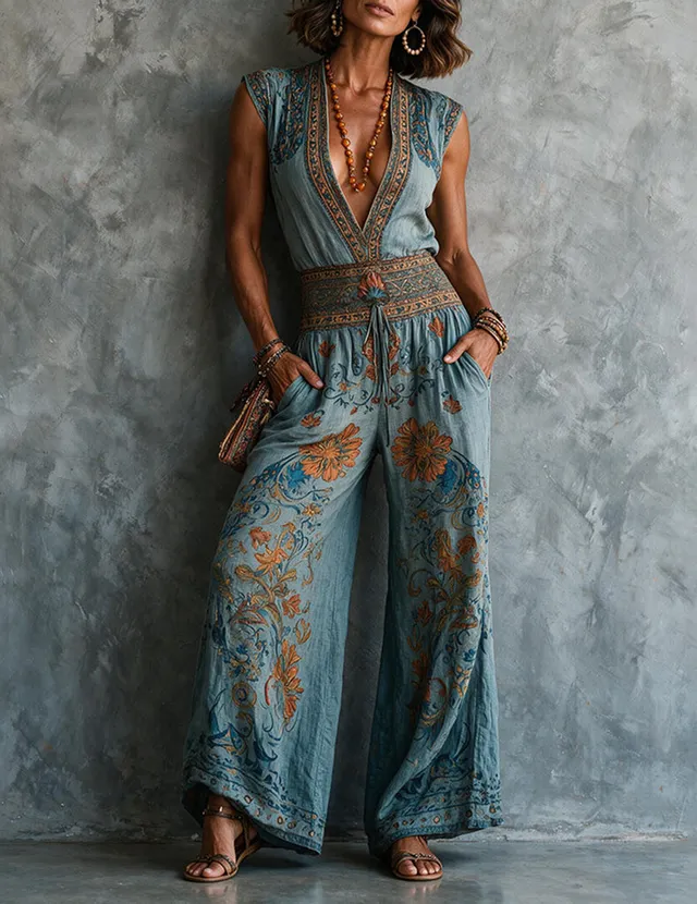 ekouaer-jumpsuits-boho-leinen-overall-blumen-v-ausschnitt image 1