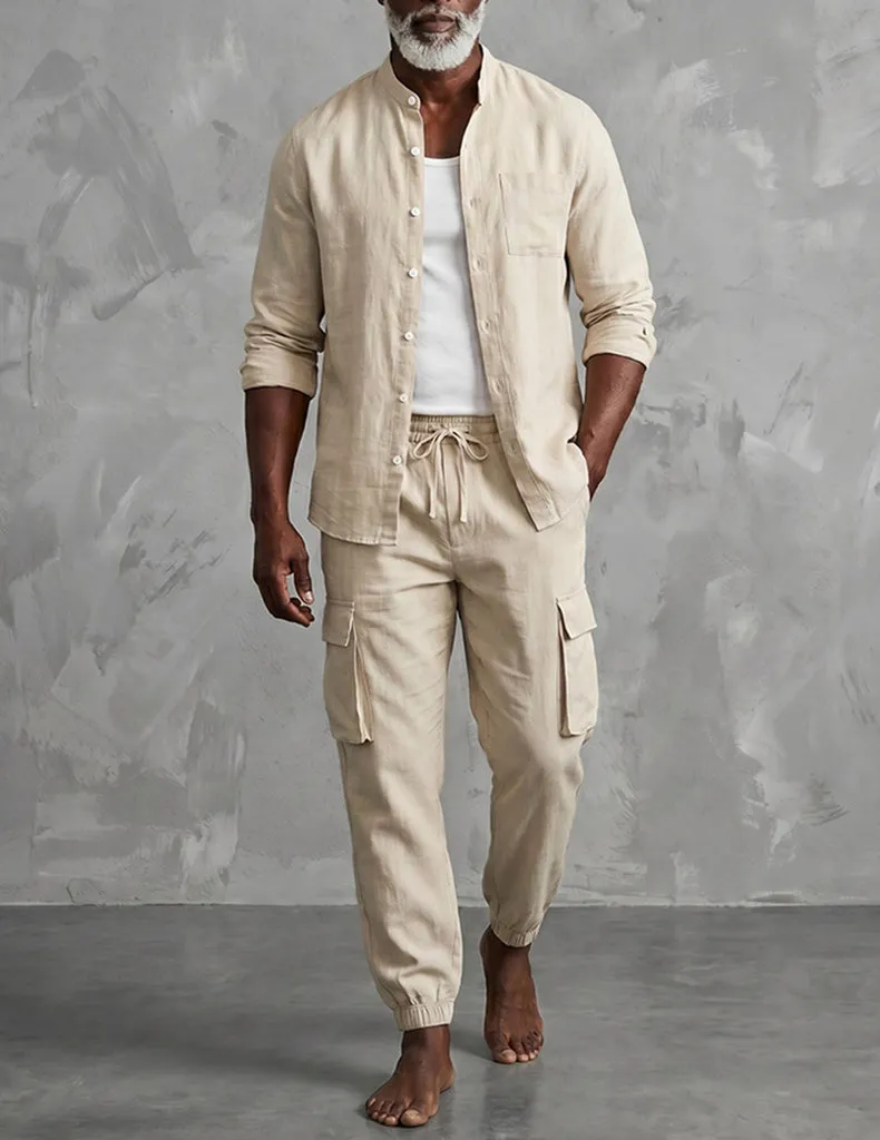 ekouaer-men-leinen-zweiteiler-hemd-cargohose-set-atmungsaktiv image 1