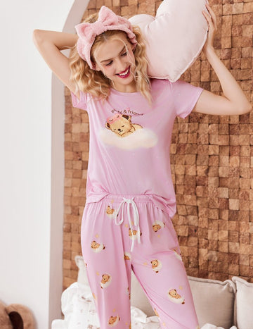 ekouaer-pajama-sets-lounge-pyjama-kurzarm-gemustert-2-teilig image 5