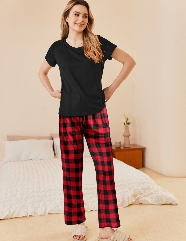 ekouaer-classic-plaid-schlafanzug-damen-2-teilig-kurzarm-karo image 1