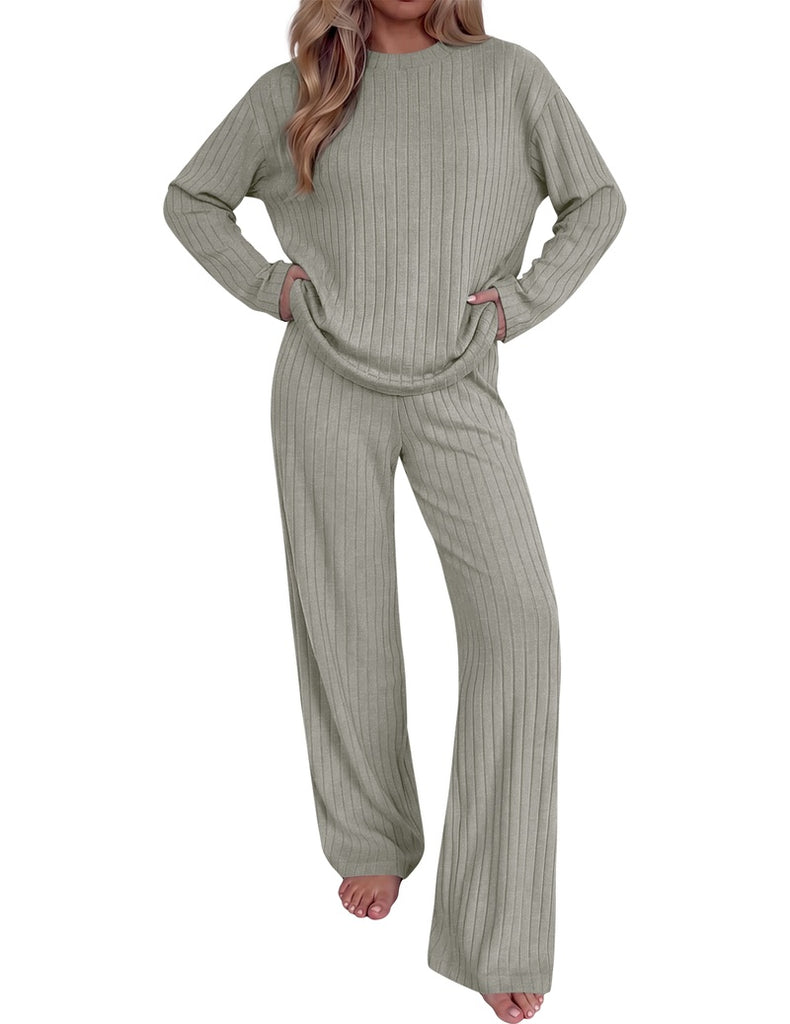 ekouaer-pyjama-set-gerippt-stehkragen-wide-leg-2-teilig image 1