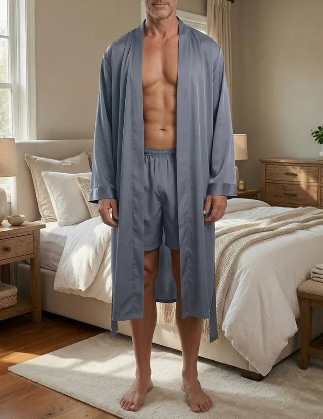 ekouaer-men-satin-kimono-morgenmantel-herren-mit-shorts-2-teilig image 1