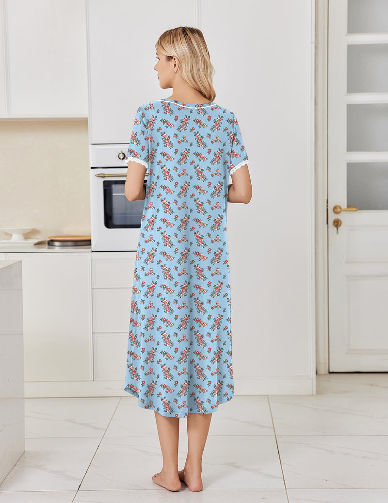 ekouaer-nightgowns-nachthemd-damen-navy-kurzarm-floral image 6